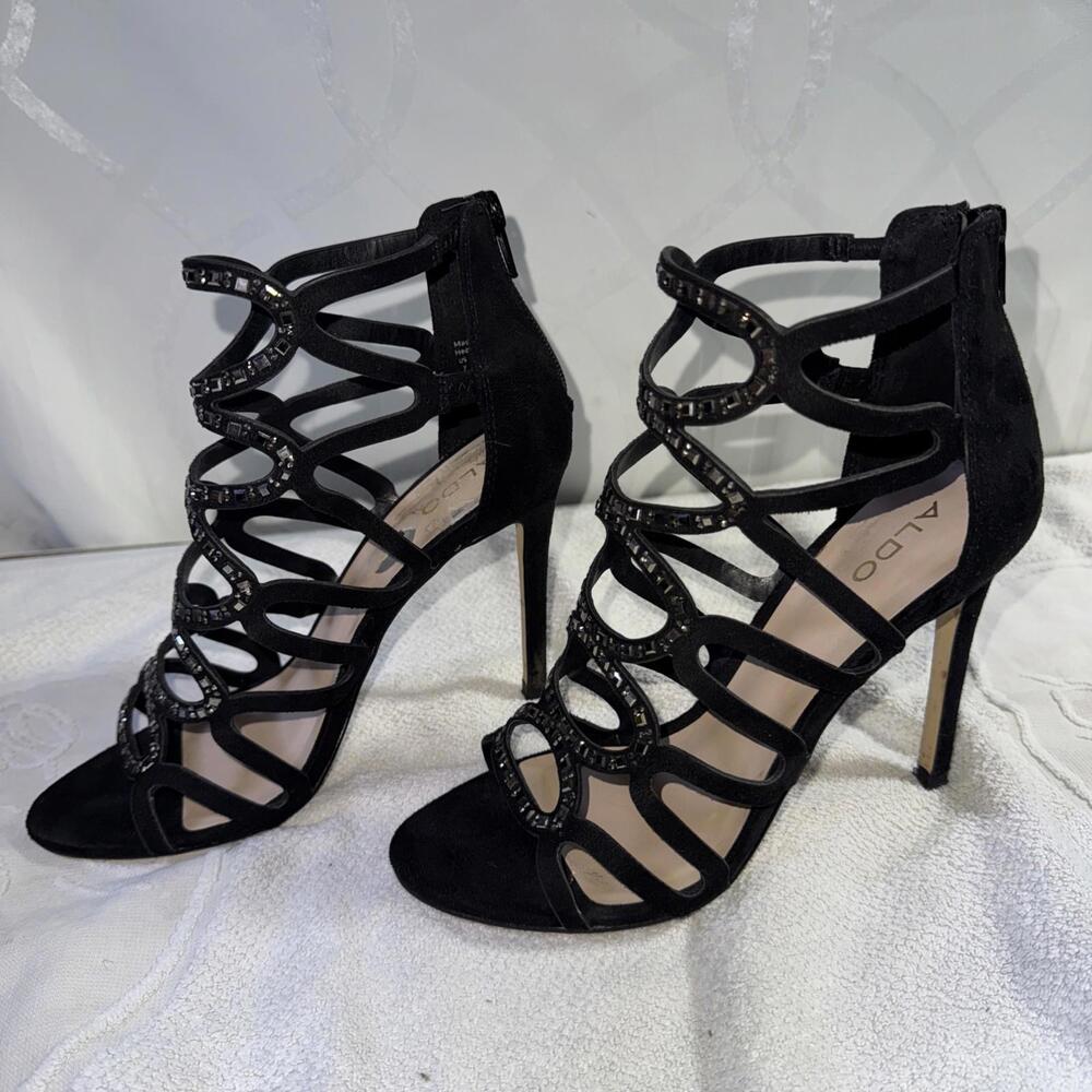 WOMENS SIZE 7 black ALDO STILETTO HEEL OPEN TOE SHOES pre-owned small Defects